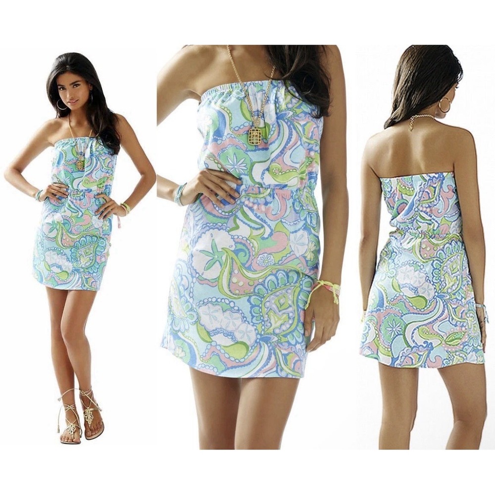 New Lilly Pulitzer Windsor Strapless Jersey Dress Multi Conch Republic Small 258